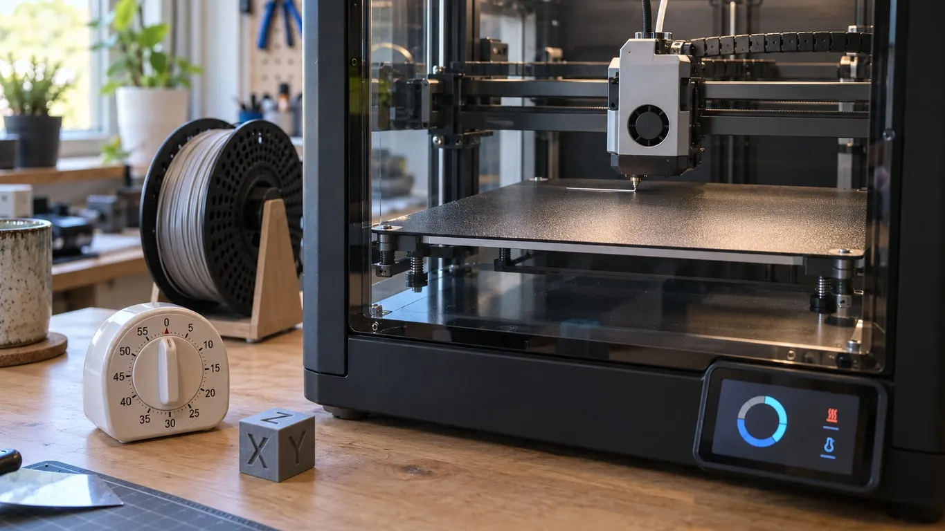 An enclosed 3D printer in its pre-print preparation with a progress ring on its screen, a kitchen timer and a small XYZ test cube on the desk