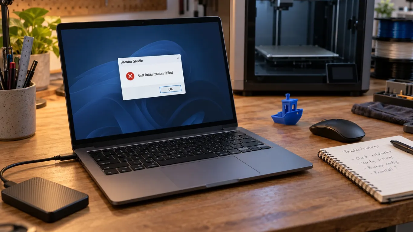 A laptop showing a Bambu Studio GUI initialization failed error box, with a handwritten troubleshooting list in a notebook and an idle printer behind