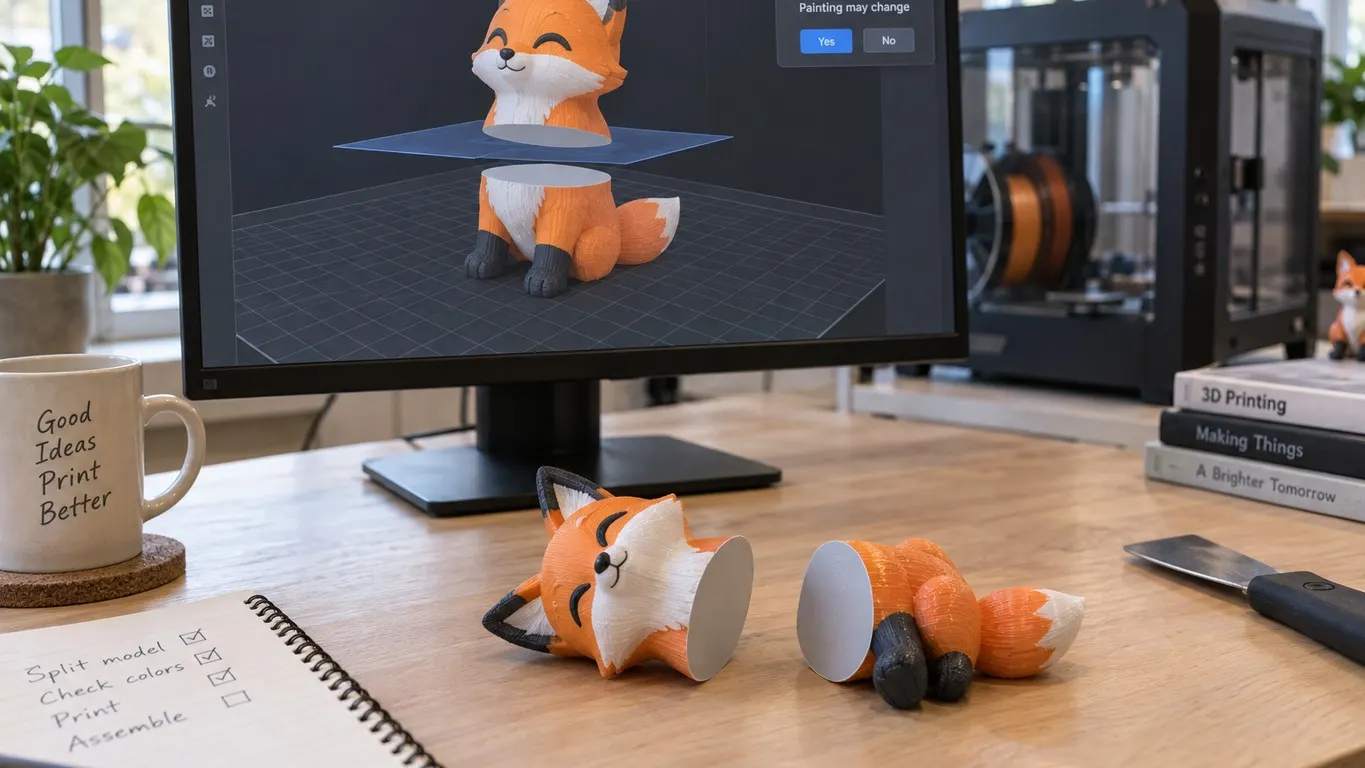 A painted fox model split by a cutting plane on screen with the Painting may change dialog open, and its two printed halves on the desk with plain gray cut faces