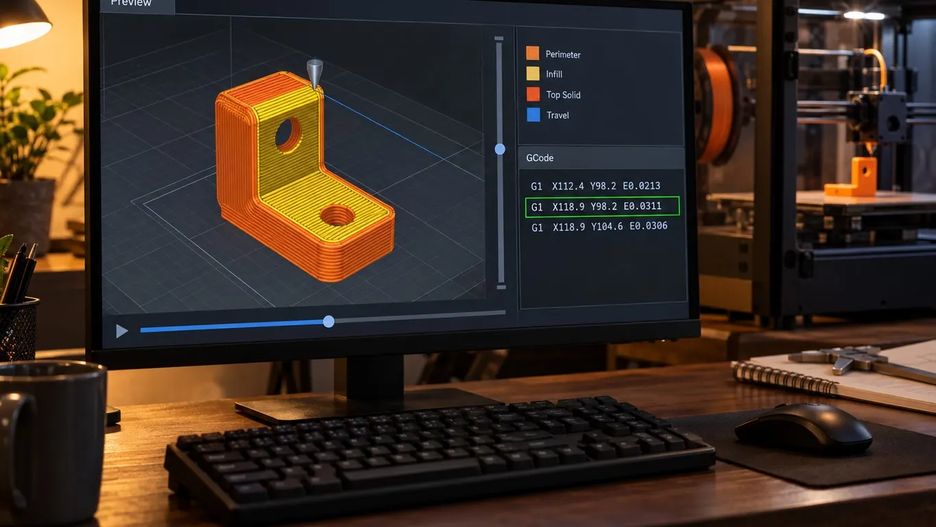 Monitörde Preview sekmesinde turuncu bir braketin yol çizgileri, altta yatay kaydırıcı, yanda vurgulanmış G-code satırı; arkada çalışan yazıcı