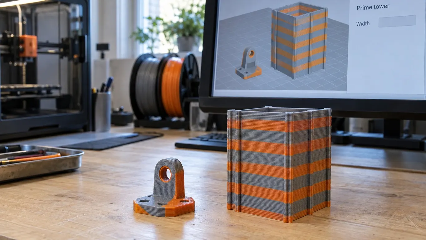A prime tower dwarfing the small part beside it on screen with the Width field grayed out in the panel, and the same two printed and standing side by side on the bench