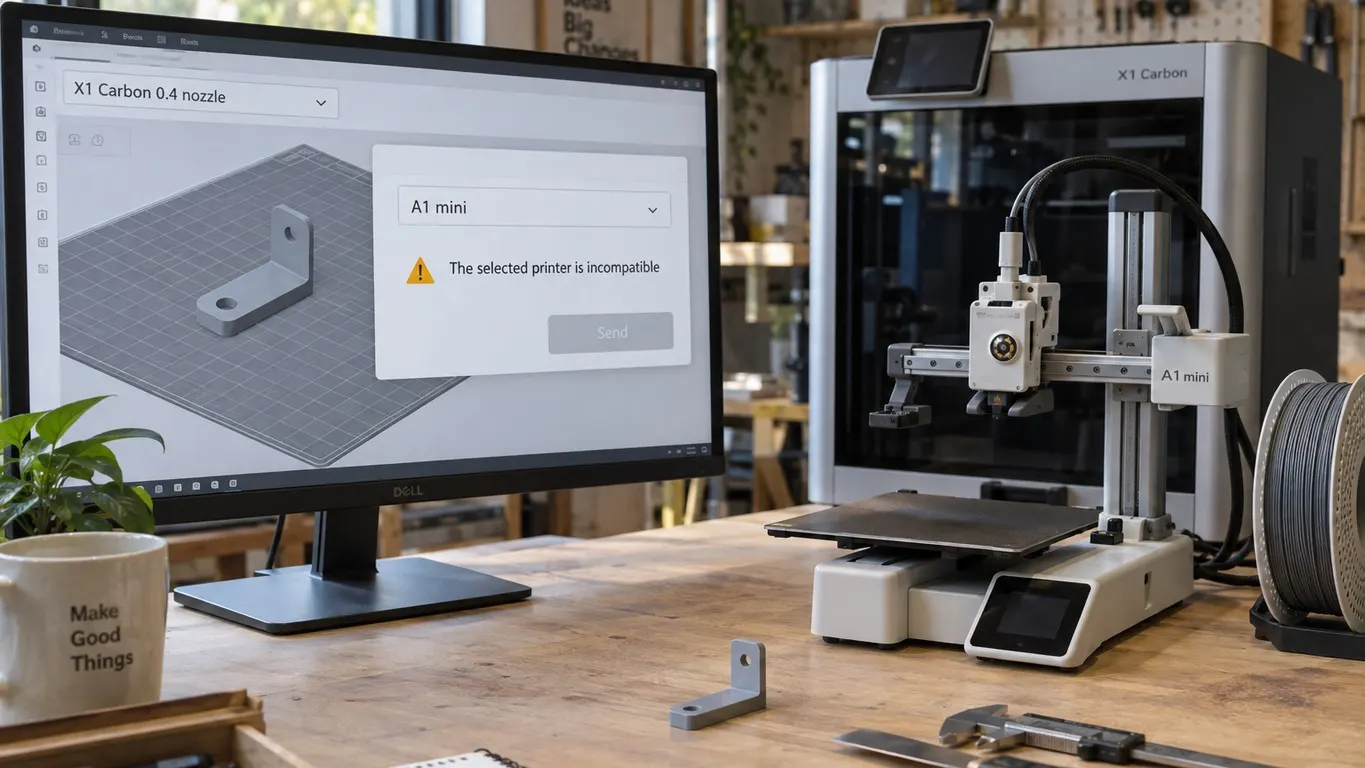 The slicer preset reads X1 Carbon 0.4 nozzle while the send dialog has an A1 mini selected under the selected printer is incompatible warning, with Send greyed out