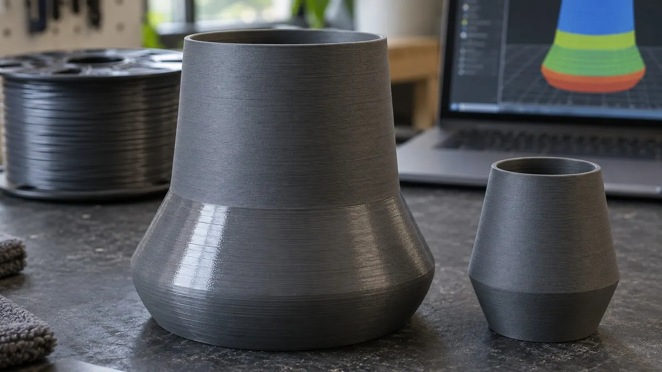 A dark gray matte PLA vase whose flared lower section prints glossy while the straight walls above stay matte, with the same part colored by speed on a laptop behind