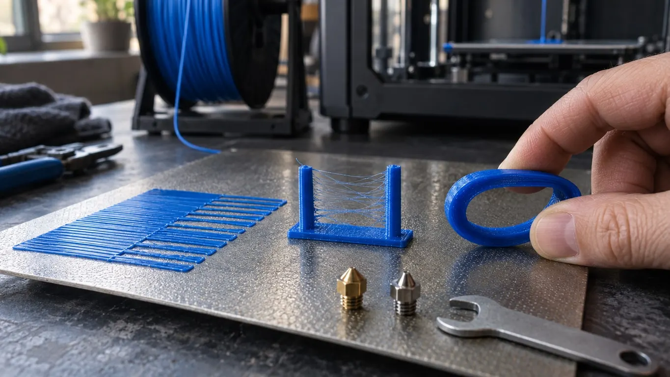 A blue TPU first-layer test with starved lines, a stringing test between two towers and a flexible ring bent by hand, with two nozzles and a wrench in front